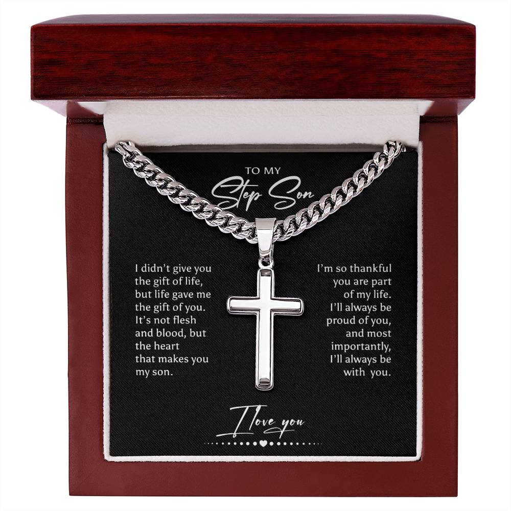 Step Son Gift Cross Necklace Cuban Chain, Christmas, Birthday, Graduation Gift for Step Son, Bonus Son Gift, Stepson Gift, Step Son Jewelry, Best Step Son