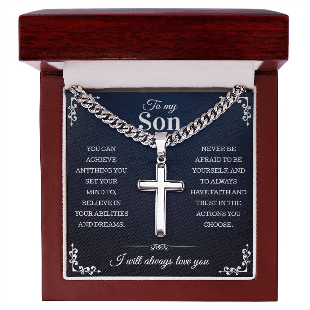 Gift For Son | Cuban Chain with Artisan Cross Necklace Perfect From Mom Dad | Personalized Gift For Son | Birthday Christmas Graduation Gift For Son