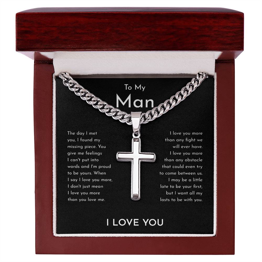To My Man Cuban Chain With Artisan Cross Necklace, I Love You
