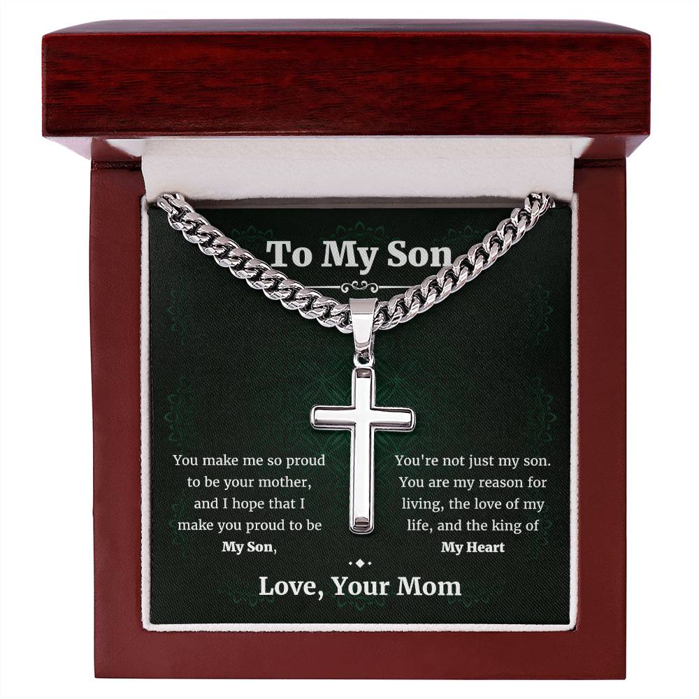To My Son Cuban Chain with Artisan Cross Necklace • Son Gifts from Mom • Mother to Son Gifts • Gifts for Son Birthday • Unique Gift for Son from Mother