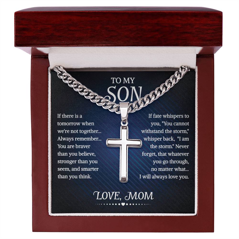 To My Son Cuban Chain With Artisan Cross Necklace From Mom, With Message Card And Gift Box, Necklaces For Birthday, Anniversary, Christmas Gift