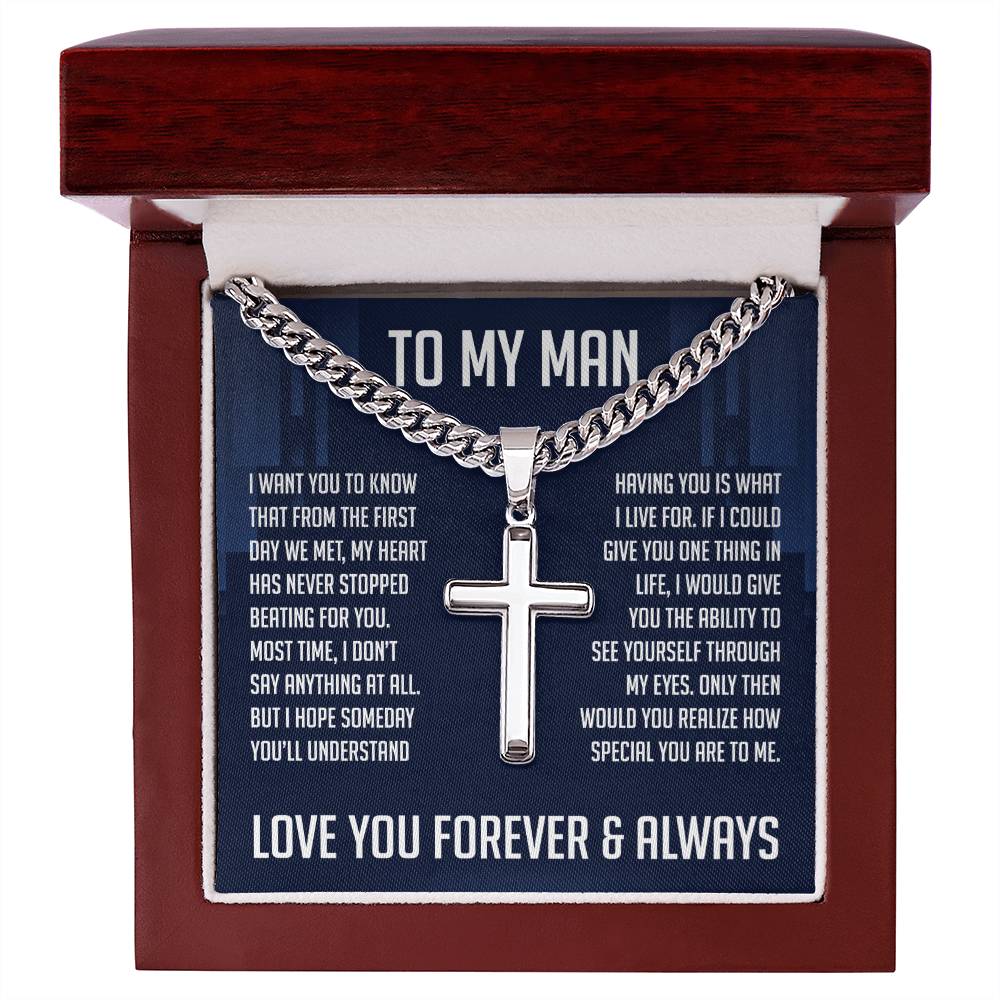 To My Man Cuban Chain With Artisan Cross Necklace, Gifts For Boyfriend From Girlfriend, Gift For Husband From Wife