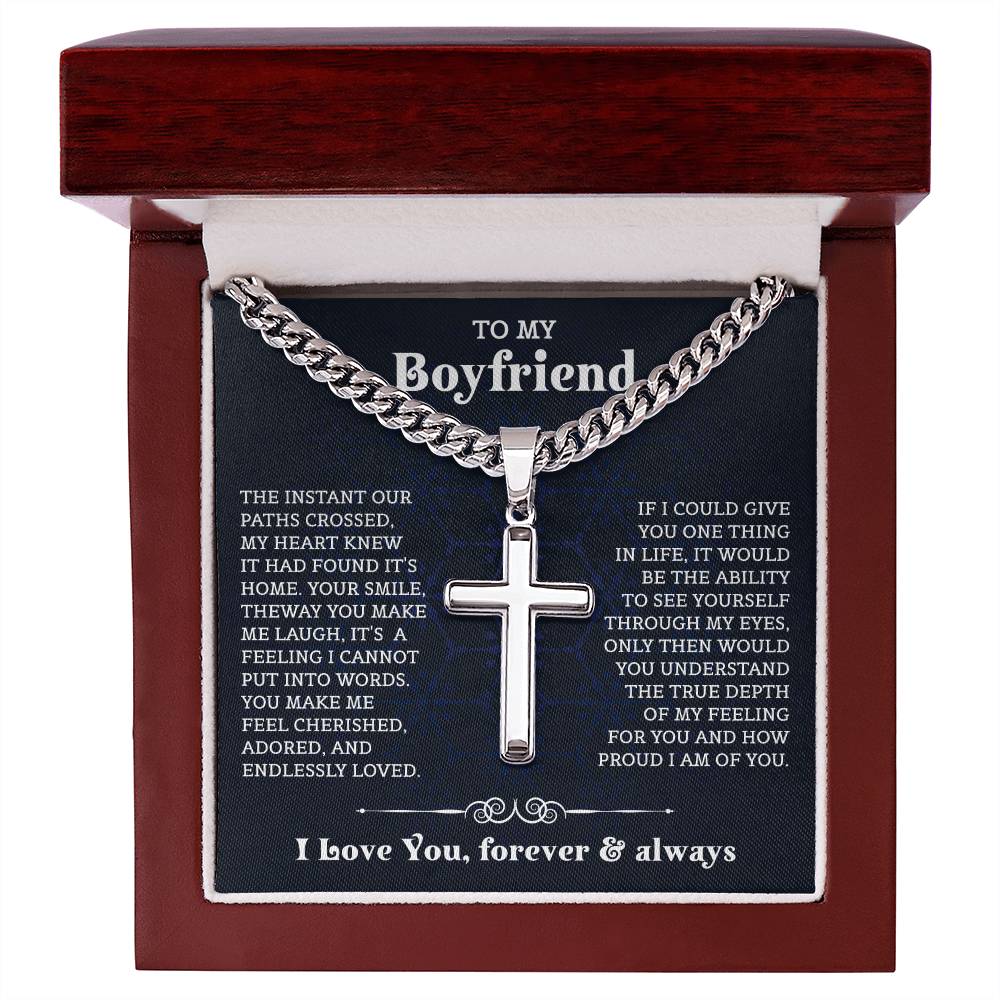 To My Boyfriend Cuban Chain with Cross Necklace , Gift For Boyfriend, Boyfriend Christmas Gift, Birthday Gift, Anniversary Gift For Him