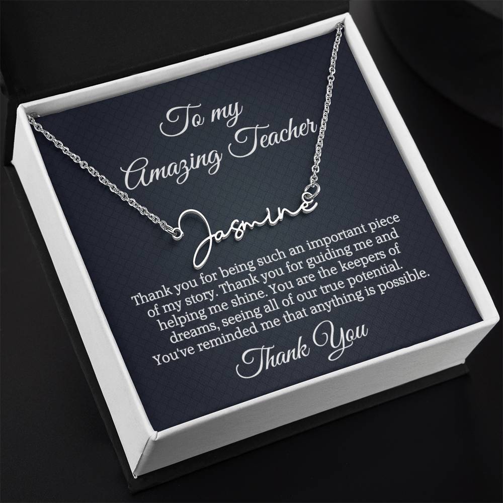 Best Teacher Ever Appreciation Message Card Signature Name Necklace Gift, Thoughtful Present Idea for Teacher, Educator Pendant Gift for Teacher's Day