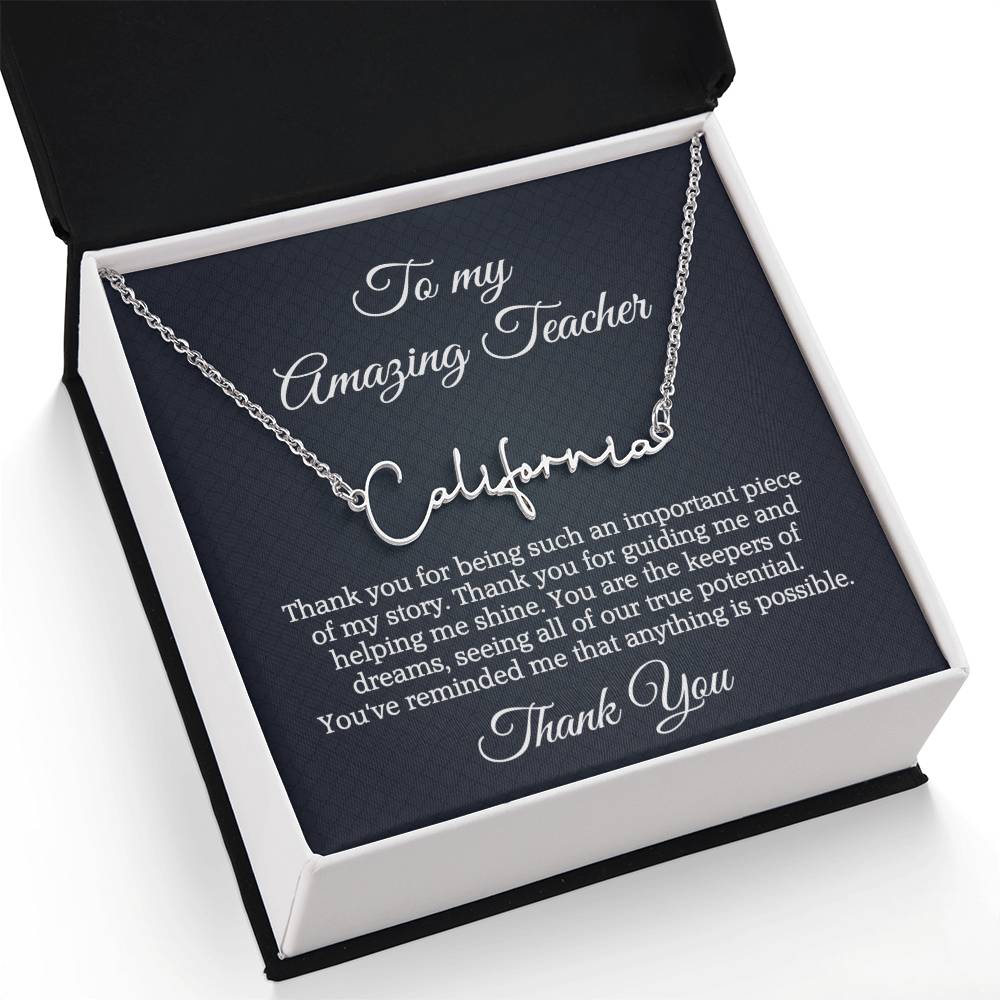 Best Teacher Ever Appreciation Message Card Signature Name Necklace Gift, Thoughtful Present Idea for Teacher, Educator Pendant Gift for Teacher's Day
