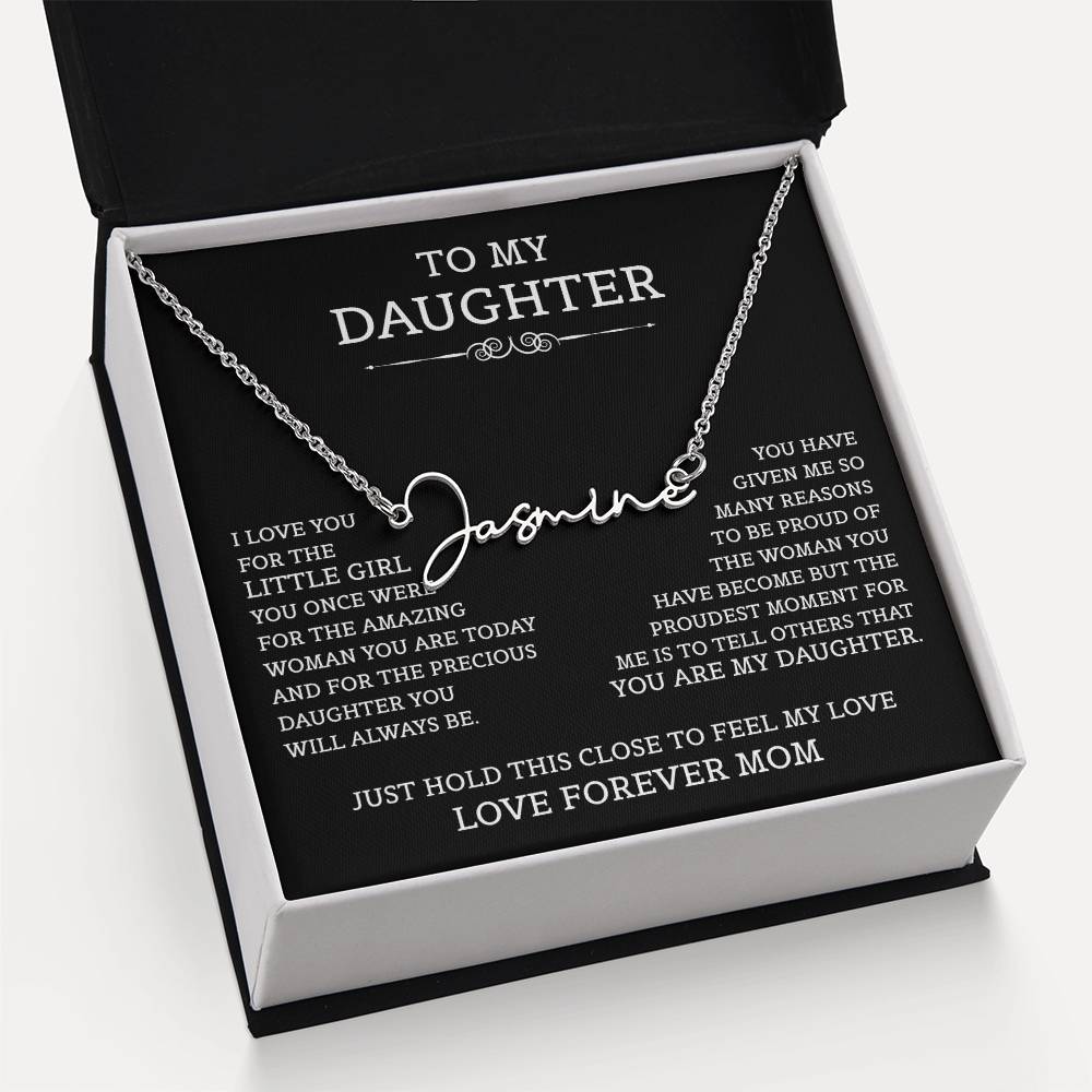 To My Daughter Signature Style Name Necklace, Mother's Day Graduation Birthday Christmas Jewelry Gifts from Mom with Heartfelt Message Card