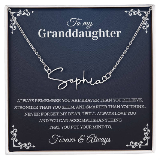 To My Granddaughter Signature Style Name Necklace Perfect Heartfelt Birthday, Graduation Or Holiday Gift For Your Granddaughter