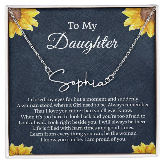 To My Daughter Signature Style Name Necklace, Personalized Gift for Daughter, Daughter Birthday Gift Message Card Jewelry, Handmade Necklace - Personalized Gift
