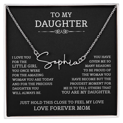 To My Daughter Signature Style Name Necklace, Mother's Day Graduation Birthday Christmas Jewelry Gifts from Mom with Heartfelt Message Card