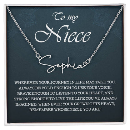 To My Niece Signature Style Name Necklace , Perfect Birthday or Graduation Gift with Blessing Card and Gift Box Packaging