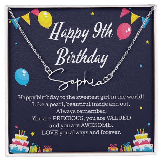 happy 9th birthday signature necklace