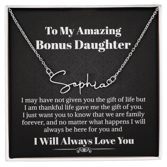 Bonus Daughter Signature Style Name Necklace Birthday Graduation Christmas Gift with Message Card and LED Jewelry Box Gift Pendant for Step Daughter Goddaughter