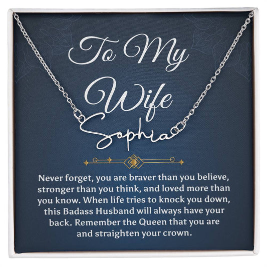 To My Badass Wife Gift From Husband Wife Birthday Anniversary Signature Style Name Necklace Gift, Valentine's Day Gift From Husband To Wife Jewelry