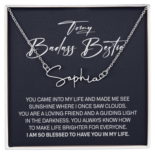 To My Badass Bestie Signature Style Name Necklace, Best Friend Birthday Gifts for Women with Message Card, Gifts for Girlfriend, Friendship Jewelry