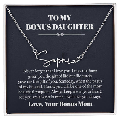 To My Bonus Daughter Signature Style Name Necklace Card