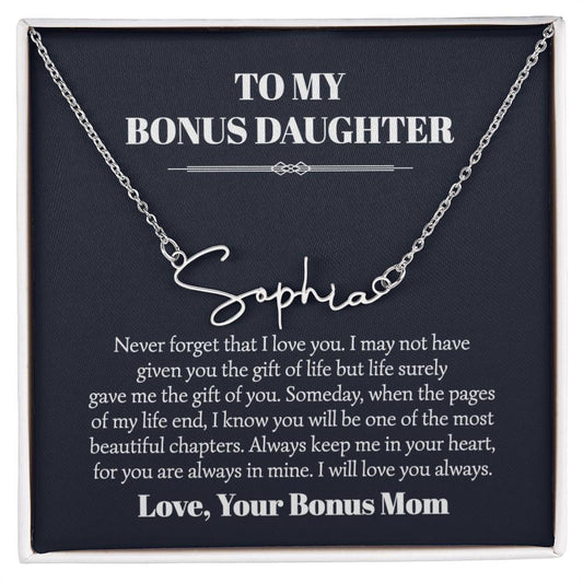 To My Bonus Daughter Signature Style Name Necklace Card