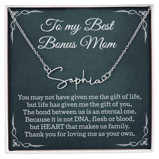 To My Best Bonus Mom Signature Style Name Necklace, Gift for Best Bonus Mom, Christmas, Birthday, Thank You Step Mom Gifts, Best Bonus Mom Jewelry