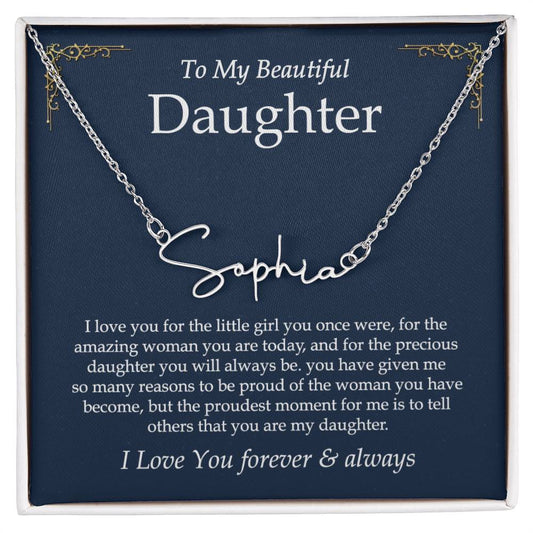 Daughter Necklace Gift for Daughter from Mom Dad, Birthday Gift to Daughter Gift for Girls from Father Mother, Signature Style Name Necklace