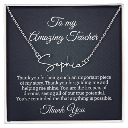 Best Teacher Ever Appreciation Message Card Signature Name Necklace Gift, Thoughtful Present Idea for Teacher, Educator Pendant Gift for Teacher's Day