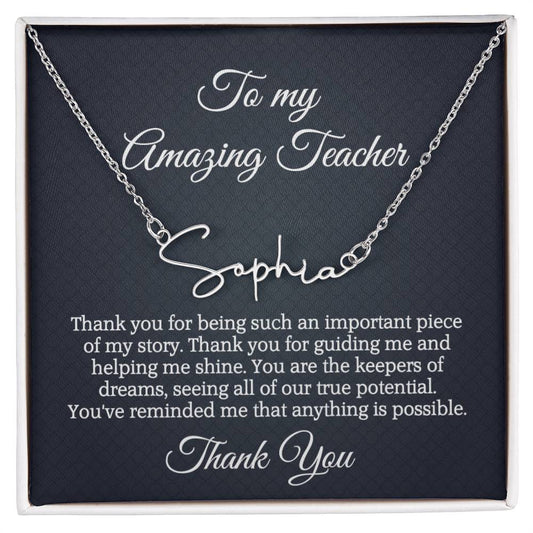 Best Teacher Ever Appreciation Message Card Signature Name Necklace Gift, Thoughtful Present Idea for Teacher, Educator Pendant Gift for Teacher's Day