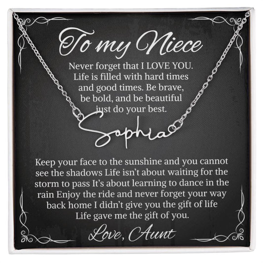 Signature Style Name Necklace With Message Card For Niece, Custom Name Pendant With Heartfelt Love Letter, Sentimental Necklace, LED Box