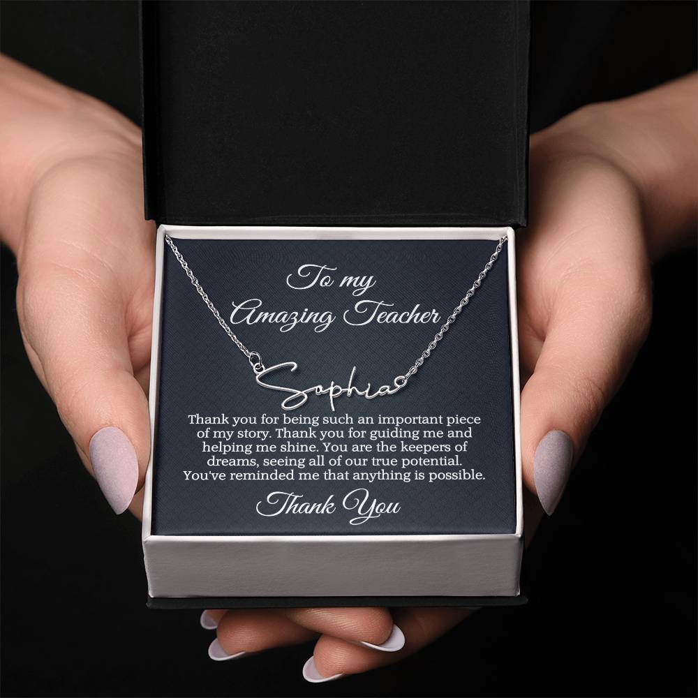 Best Teacher Ever Appreciation Message Card Signature Name Necklace Gift, Thoughtful Present Idea for Teacher, Educator Pendant Gift for Teacher's Day