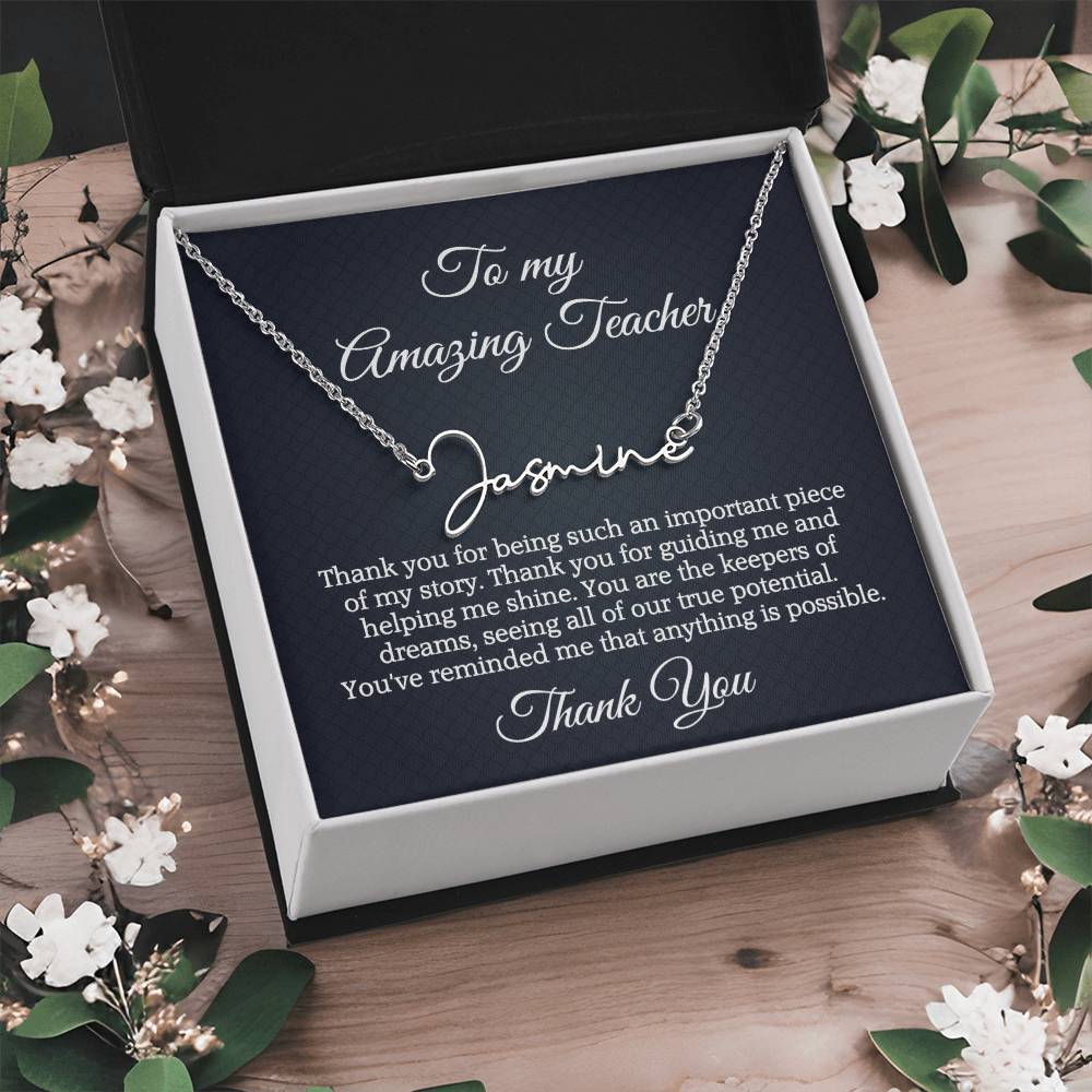 Best Teacher Ever Appreciation Message Card Signature Name Necklace Gift, Thoughtful Present Idea for Teacher, Educator Pendant Gift for Teacher's Day