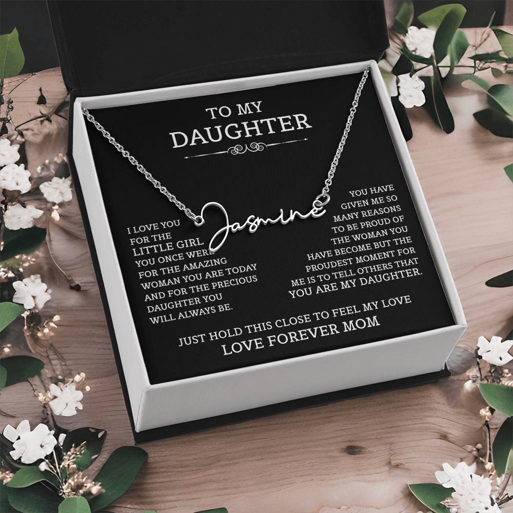 To My Daughter Signature Style Name Necklace, Mother's Day Graduation Birthday Christmas Jewelry Gifts from Mom with Heartfelt Message Card