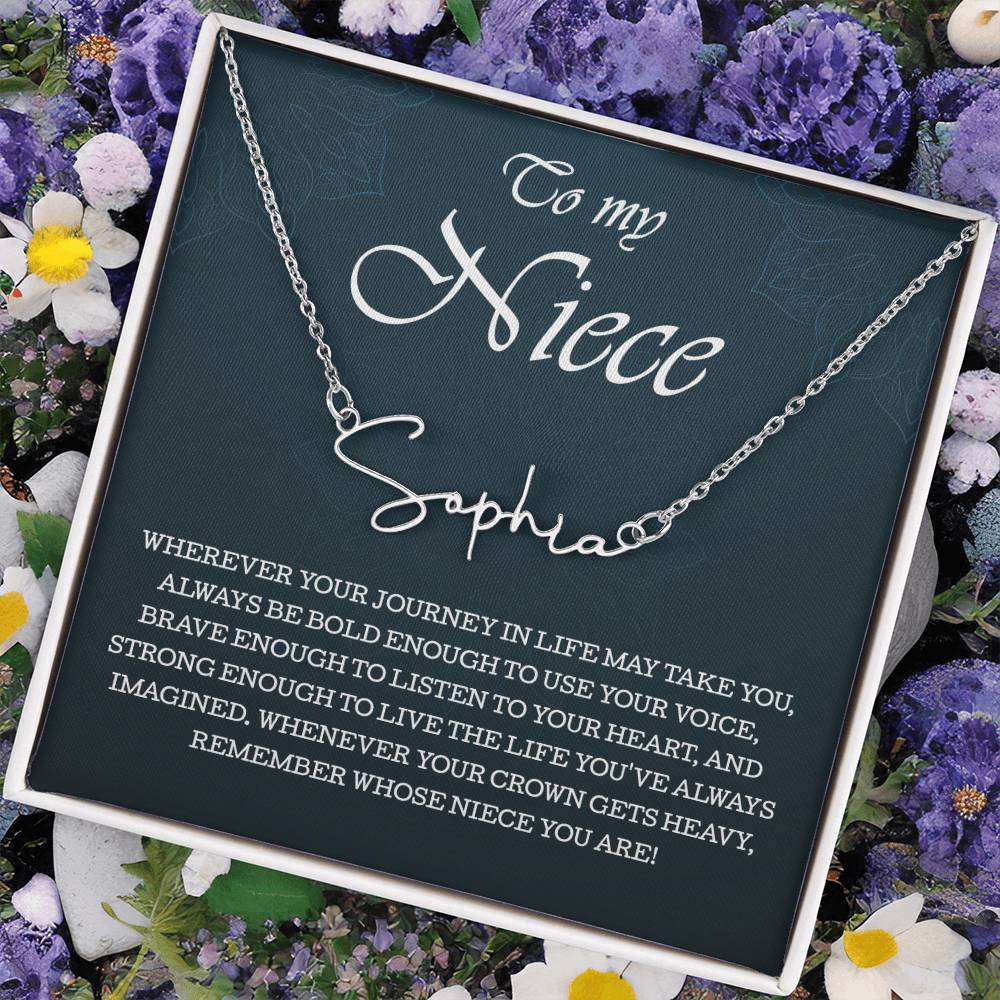 To My Niece Signature Style Name Necklace , Perfect Birthday or Graduation Gift with Blessing Card and Gift Box Packaging