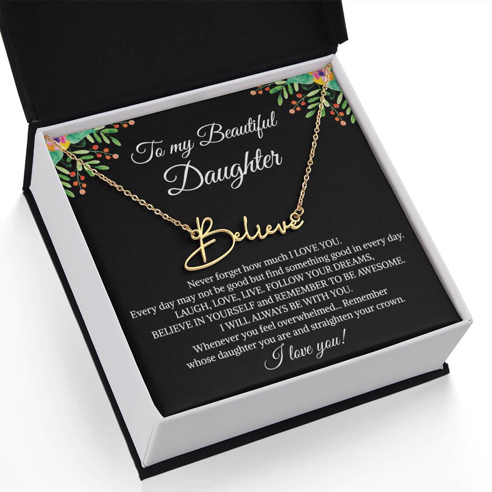 To My Beautiful Daughter Signature Name Necklace, Mother's Day Graduation Birthday Christmas Jewelry Gifts from Mom Dad with Heartfelt Message Card
