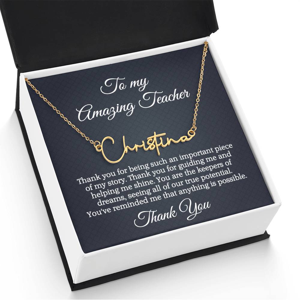 Best Teacher Ever Appreciation Message Card Signature Name Necklace Gift, Thoughtful Present Idea for Teacher, Educator Pendant Gift for Teacher's Day