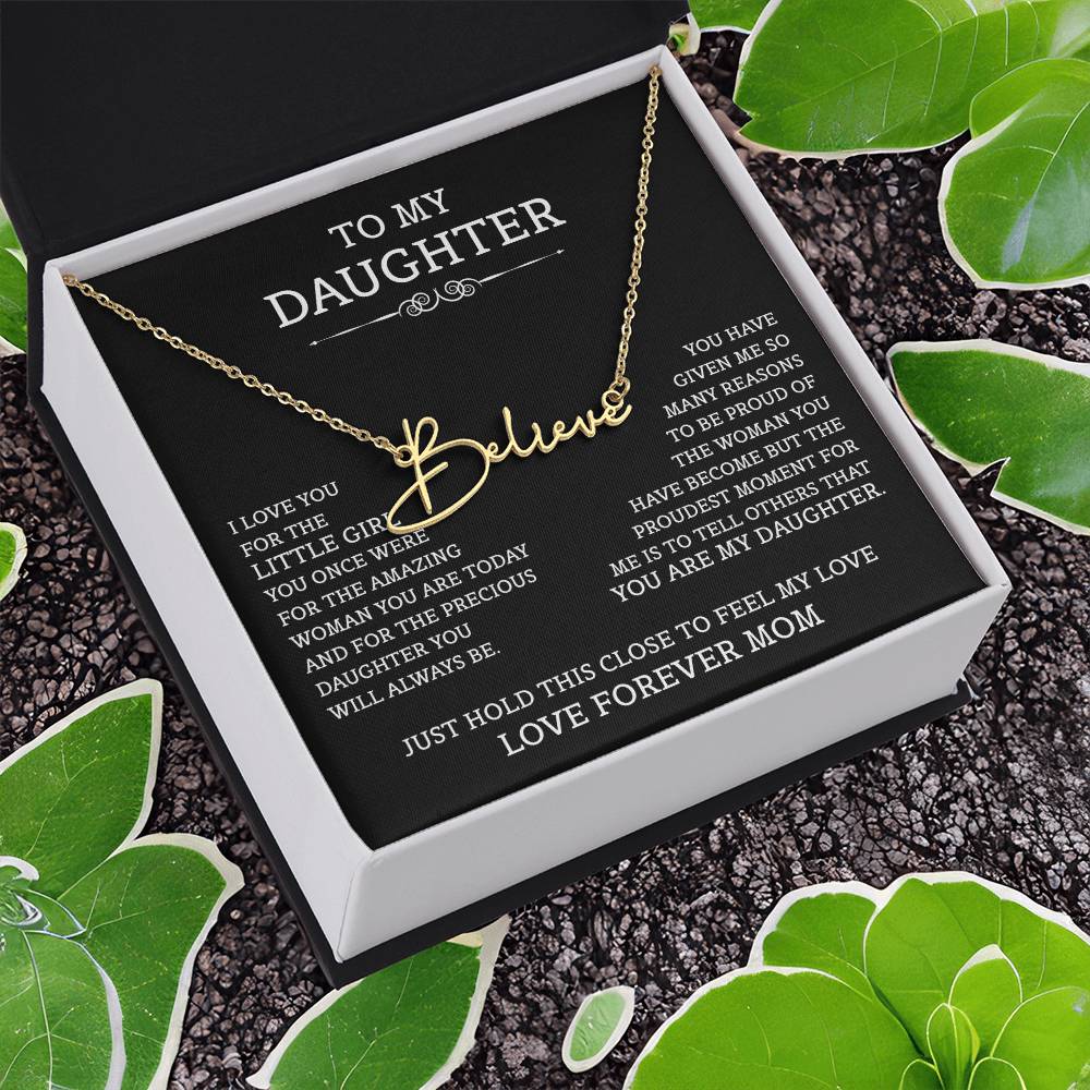 To My Daughter Signature Style Name Necklace, Mother's Day Graduation Birthday Christmas Jewelry Gifts from Mom with Heartfelt Message Card