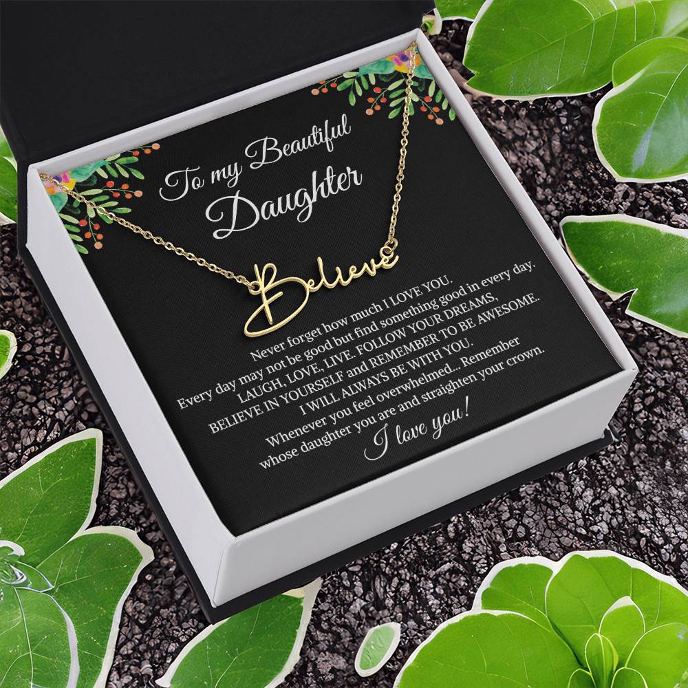 To My Beautiful Daughter Signature Name Necklace, Mother's Day Graduation Birthday Christmas Jewelry Gifts from Mom Dad with Heartfelt Message Card