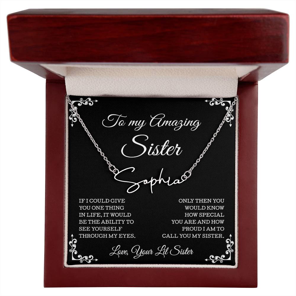 To My Amazing Sister Necklace, Sister Gifts, Signature Style Name Necklace, Gift Card And Gift Box Packaging