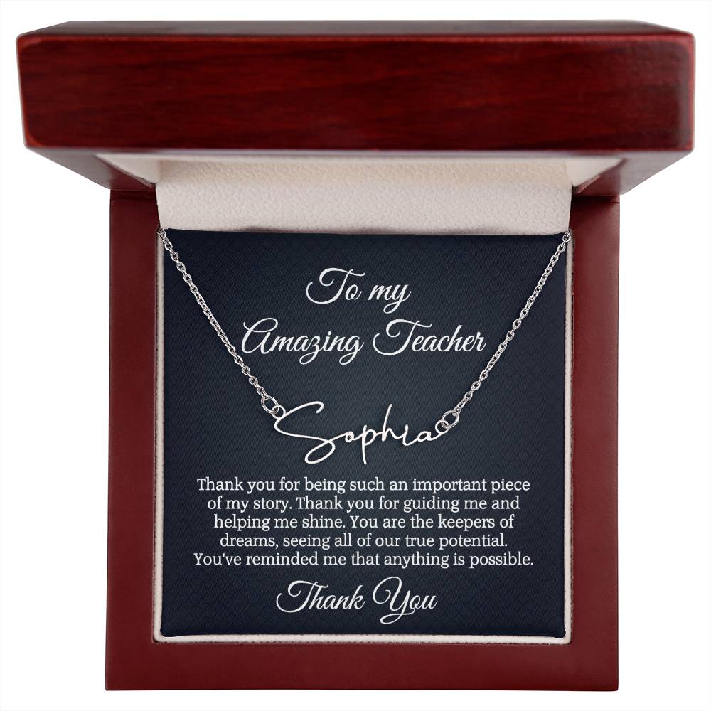 Best Teacher Ever Appreciation Message Card Signature Name Necklace Gift, Thoughtful Present Idea for Teacher, Educator Pendant Gift for Teacher's Day