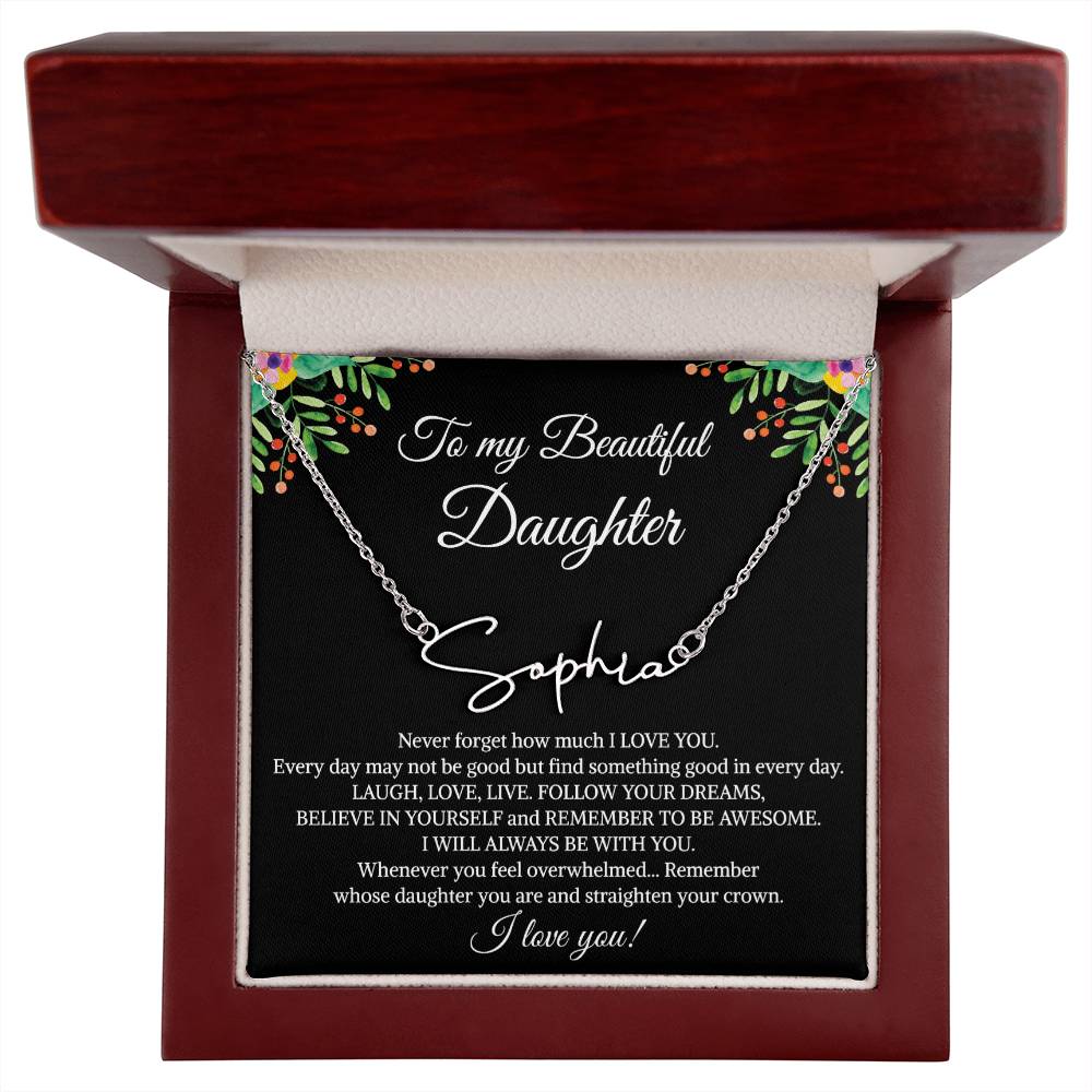 To My Beautiful Daughter Signature Name Necklace, Mother's Day Graduation Birthday Christmas Jewelry Gifts from Mom Dad with Heartfelt Message Card