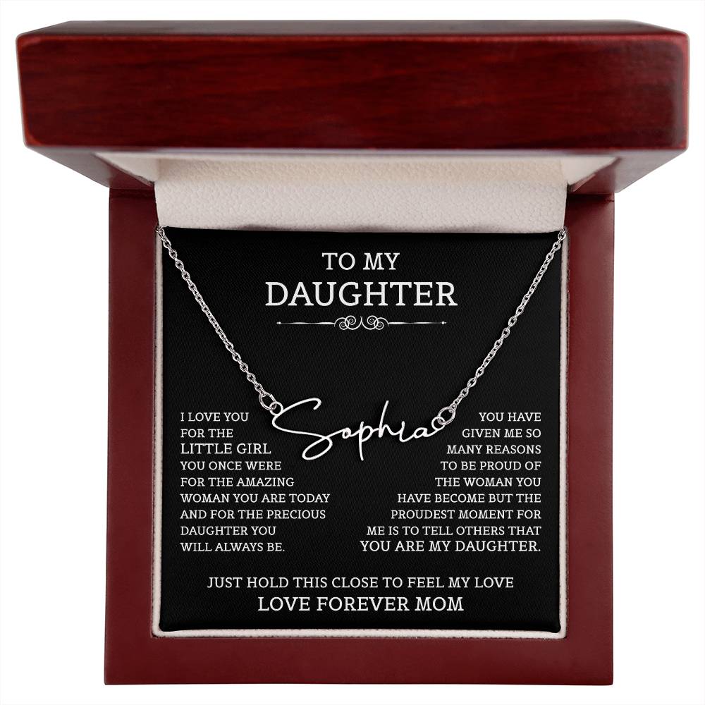 To My Daughter Signature Style Name Necklace, Mother's Day Graduation Birthday Christmas Jewelry Gifts from Mom with Heartfelt Message Card