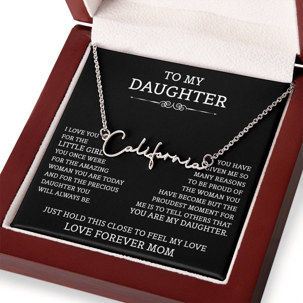 To My Daughter Signature Style Name Necklace, Mother's Day Graduation Birthday Christmas Jewelry Gifts from Mom with Heartfelt Message Card