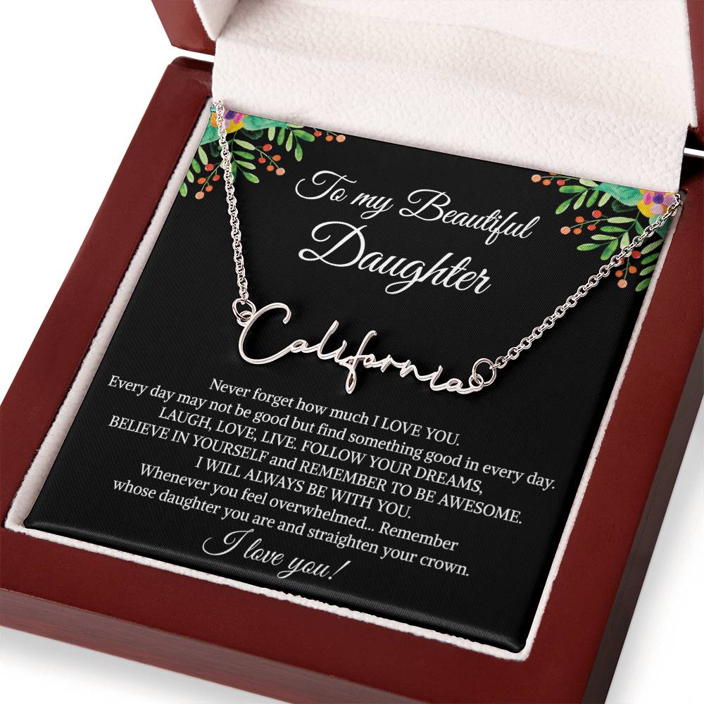 To My Beautiful Daughter Signature Name Necklace, Mother's Day Graduation Birthday Christmas Jewelry Gifts from Mom Dad with Heartfelt Message Card