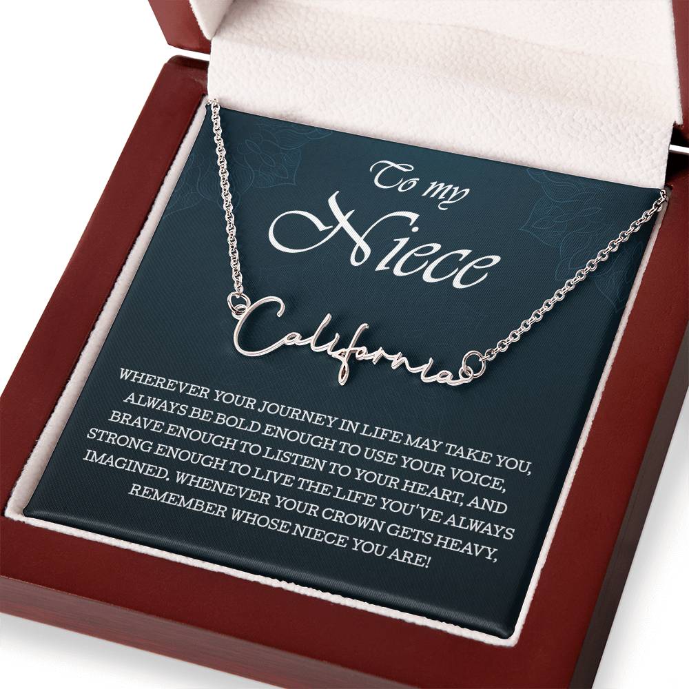 To My Niece Signature Style Name Necklace , Perfect Birthday or Graduation Gift with Blessing Card and Gift Box Packaging