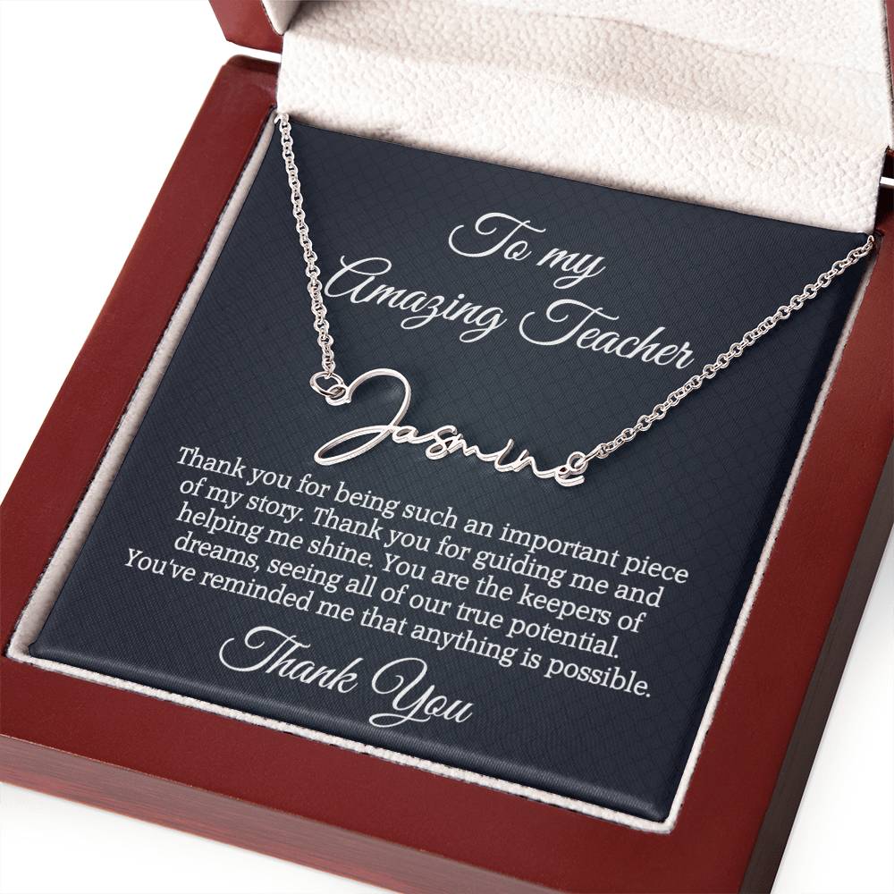 Best Teacher Ever Appreciation Message Card Signature Name Necklace Gift, Thoughtful Present Idea for Teacher, Educator Pendant Gift for Teacher's Day