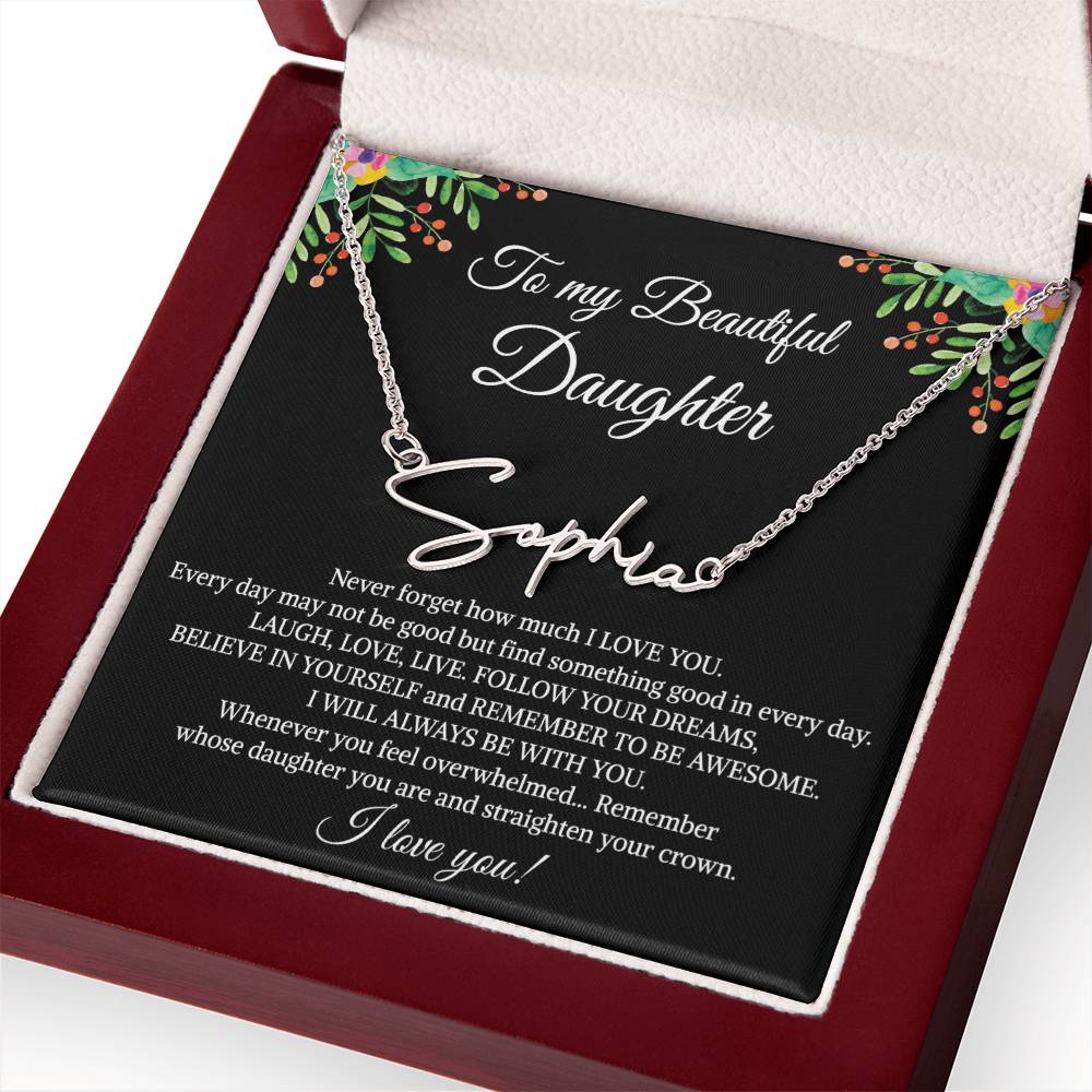To My Beautiful Daughter Signature Name Necklace, Mother's Day Graduation Birthday Christmas Jewelry Gifts from Mom Dad with Heartfelt Message Card