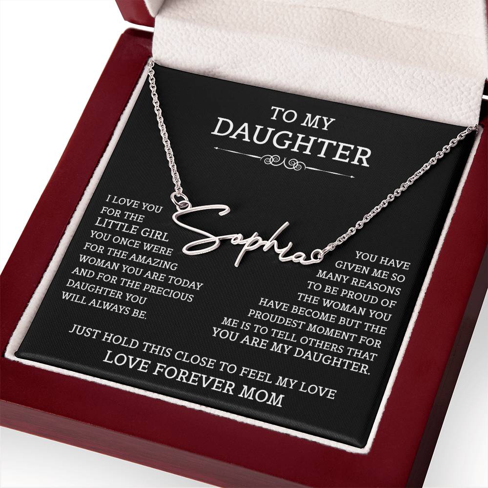 To My Daughter Signature Style Name Necklace, Mother's Day Graduation Birthday Christmas Jewelry Gifts from Mom with Heartfelt Message Card