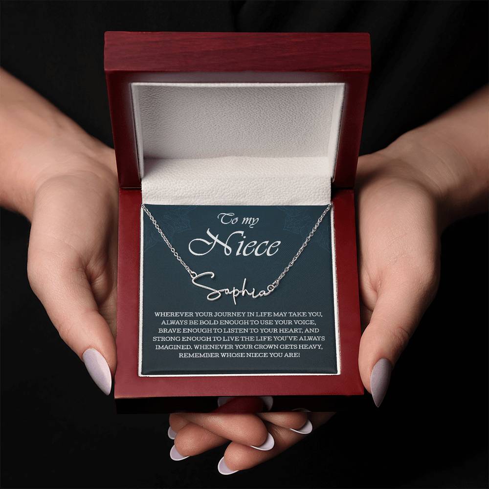 To My Niece Signature Style Name Necklace , Perfect Birthday or Graduation Gift with Blessing Card and Gift Box Packaging