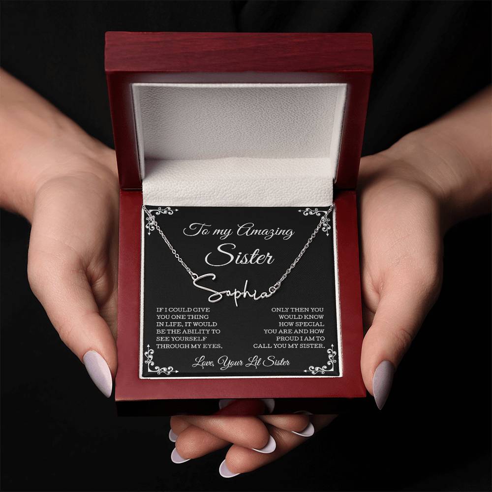 To My Amazing Sister Necklace, Sister Gifts, Signature Style Name Necklace, Gift Card And Gift Box Packaging