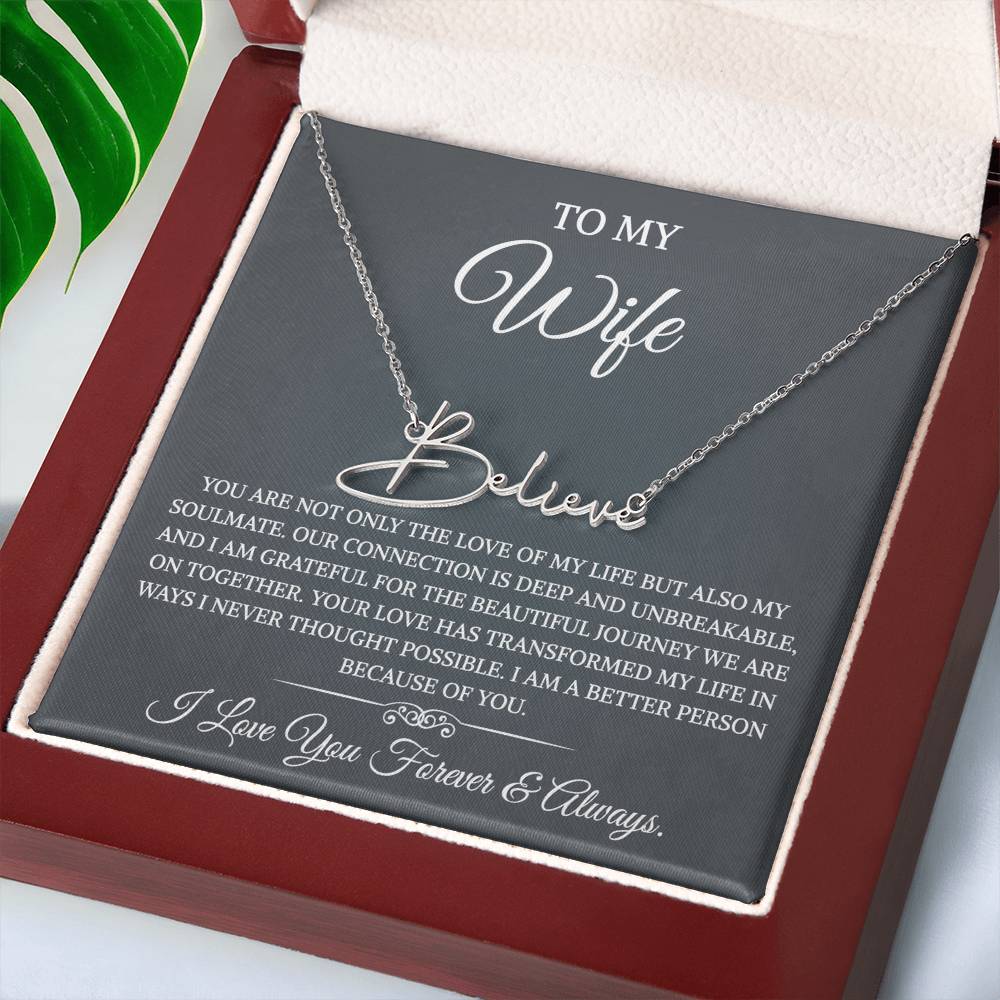 To My Wife Necklace from Husband with Message Card Romantic Gifts for Wife Signature Style Name Necklace for Women, Wife Jewelry Rose Gold, Wife Birthday