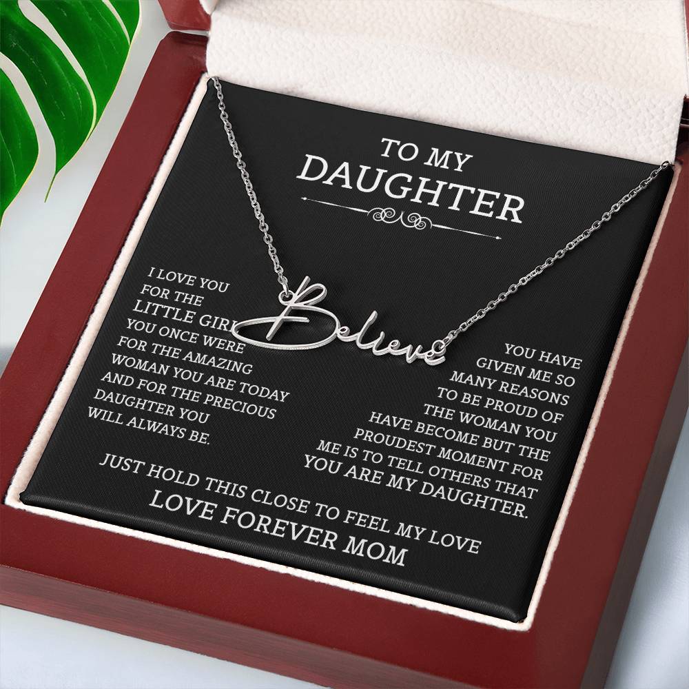 To My Daughter Signature Style Name Necklace, Mother's Day Graduation Birthday Christmas Jewelry Gifts from Mom with Heartfelt Message Card