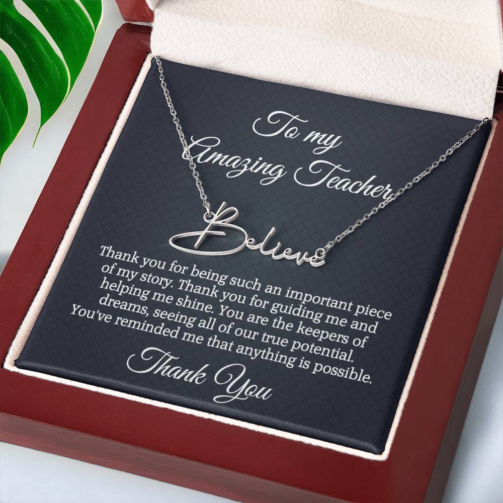 Best Teacher Ever Appreciation Message Card Signature Name Necklace Gift, Thoughtful Present Idea for Teacher, Educator Pendant Gift for Teacher's Day