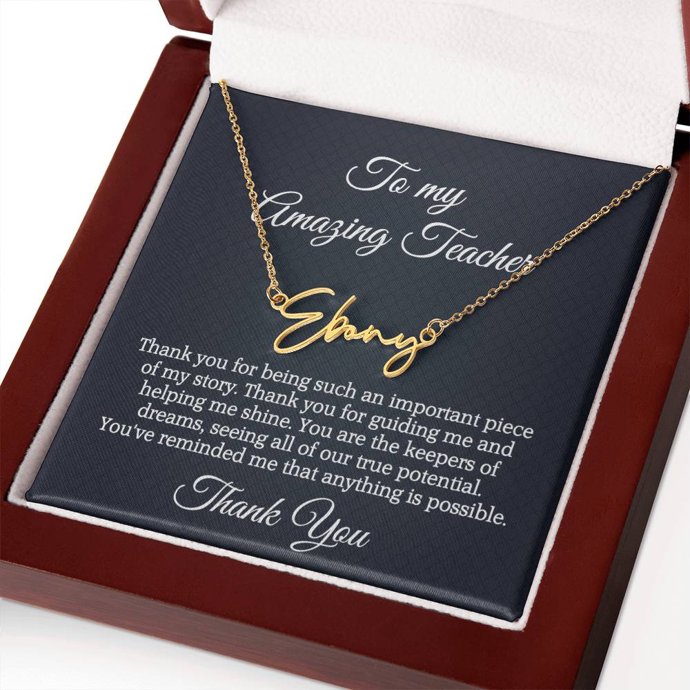Best Teacher Ever Appreciation Message Card Signature Name Necklace Gift, Thoughtful Present Idea for Teacher, Educator Pendant Gift for Teacher's Day