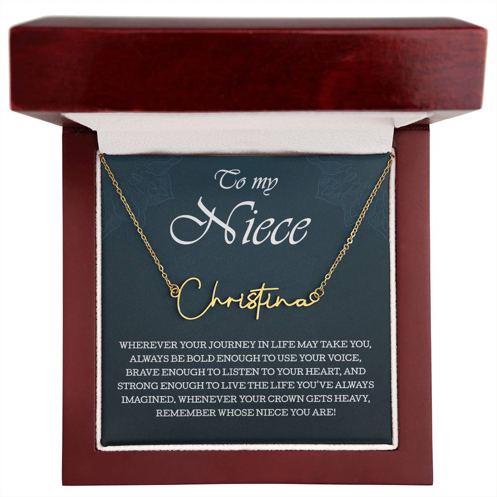 To My Niece Signature Style Name Necklace , Perfect Birthday or Graduation Gift with Blessing Card and Gift Box Packaging